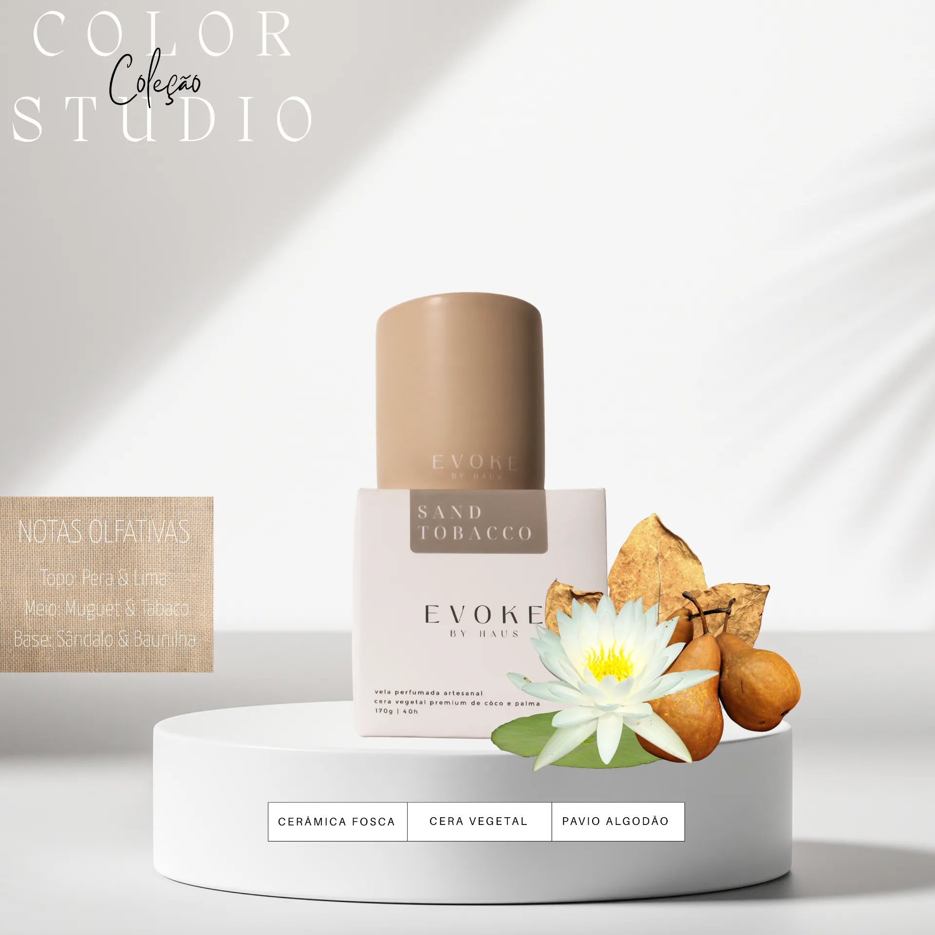 Vela Perfumada Artesanal – EVOKE BY HAUS – Sand Tobacco – Coleção Color Studio | Pêra, Muguet,Tabaco | Cera Vegetal Prem